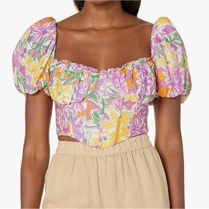 ASTR The Label Paola Floral Corset Top Puff Sleeve Pink Blouse M NEW